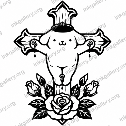 American Traditional tattoo of American traditional tattoo style: bold thick uniform black outlines, saturated flat color palette limited to red, green, yellow, and black, minimal shading with solid color blocks and small white highlights, iconic old-school imagery (roses, daggers, eagles, anchors), high-contrast graphic composition designed to age well on skin. Subject: PomPompourin on a cross, gothic look. Black and white
