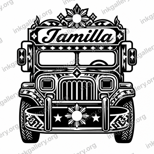 Blackwork style tattoo design of Front of a Filipino Jeepney with Jamilla written as the name of the jeepney, black-ink stencil on white background