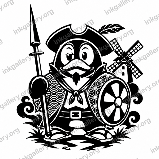 Blackwork tattoo of Don Quijote Japanese mascot