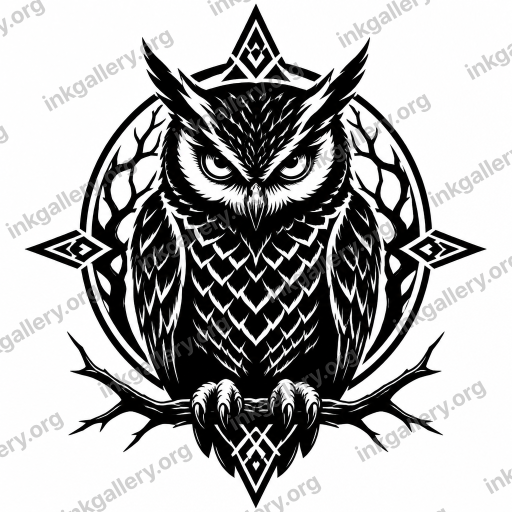 Blackwork tattoo of Blackwork tattoo style: solid black ink only, high-contrast graphic silhouettes, bold negative space, dense pattern fills, no color, no gradients, strong shapes that read from a distance. Subject: Badass owl