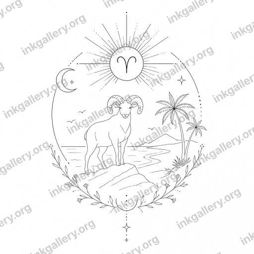 Fine Line style tattoo design of Beach, Aries, sun, moon, black-ink stencil on white background