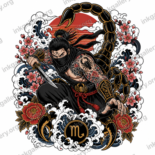 Japanese style tattoo design of Scorpio made man killer, black-ink stencil on white background