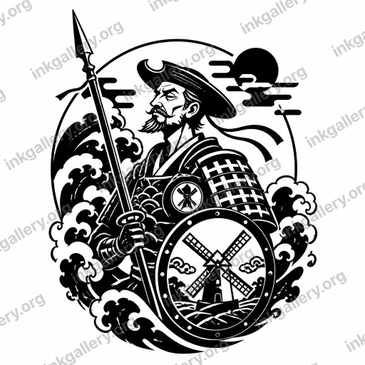 Blackwork tattoo of Don Quijote Japanese mascot