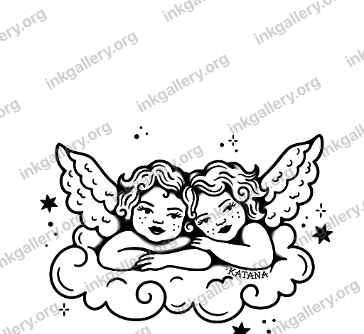 American Traditional tattoo of American traditional tattoo style: bold thick uniform black outlines, saturated flat color palette limited to red, green, yellow, and black, minimal shading with solid color blocks and small white highlights, iconic old-school imagery (roses, daggers, eagles, anchors), high-contrast graphic composition designed to age well on skin. Based on the attached reference photo. “katana” written in the cloud but small. black and white. Whimsy.