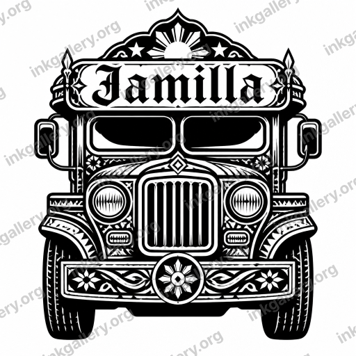 Blackwork style tattoo design of Front of a Filipino Jeepney with Jamilla written as the name of the jeepney, black-ink stencil on white background