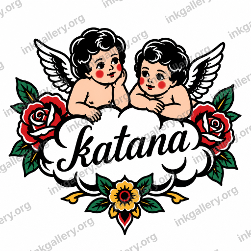 American Traditional style tattoo design of American traditional tattoo style: bold thick uniform black outlines, saturated flat color palette limited to red, green, yellow, and black, minimal shading with solid color blocks and small white highlights, iconic old-school imagery (roses, daggers, eagles, anchors), high-contrast graphic composition designed to age well on skin. Subject: Two cherubs on a cloud with the name “katana” written in it, black-ink stencil on white background