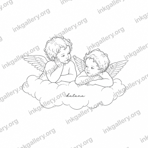 Fine Line shading tattoo — Fine line tattoo style: single-needle whisper-thin uniform black strokes, delicate minimalist linework, generous negative space, no shading or fills, subtle botanical or figurative detail, elegant and understated. Subject: Two cherubs on a cloud with the name “katana” written in the cloud but small. black and white