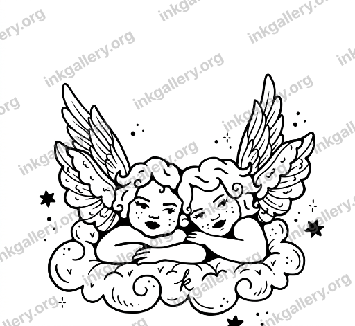 American Traditional style tattoo design of American traditional tattoo style: bold thick uniform black outlines, saturated flat color palette limited to red, green, yellow, and black, minimal shading with solid color blocks and small white highlights, iconic old-school imagery (roses, daggers, eagles, anchors), high-contrast graphic composition designed to age well on skin. Based on the attached reference photo. Two cherubs on a cloud. Black and white. Fine line meets American traditional with “k” hidden in cloud, black-ink stencil on white background