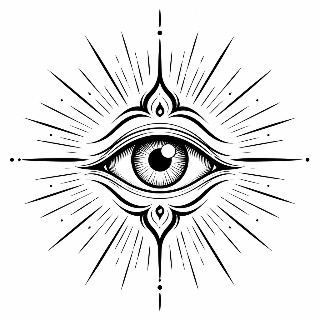 ornamental tattoo of a mystical third eye with rays of light