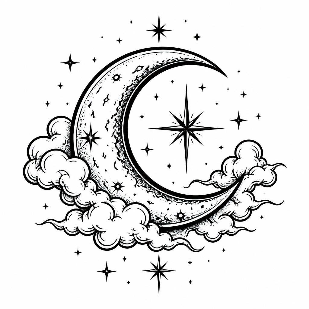 Fine line with tattoo — a crescent moon with celestial stars and clouds