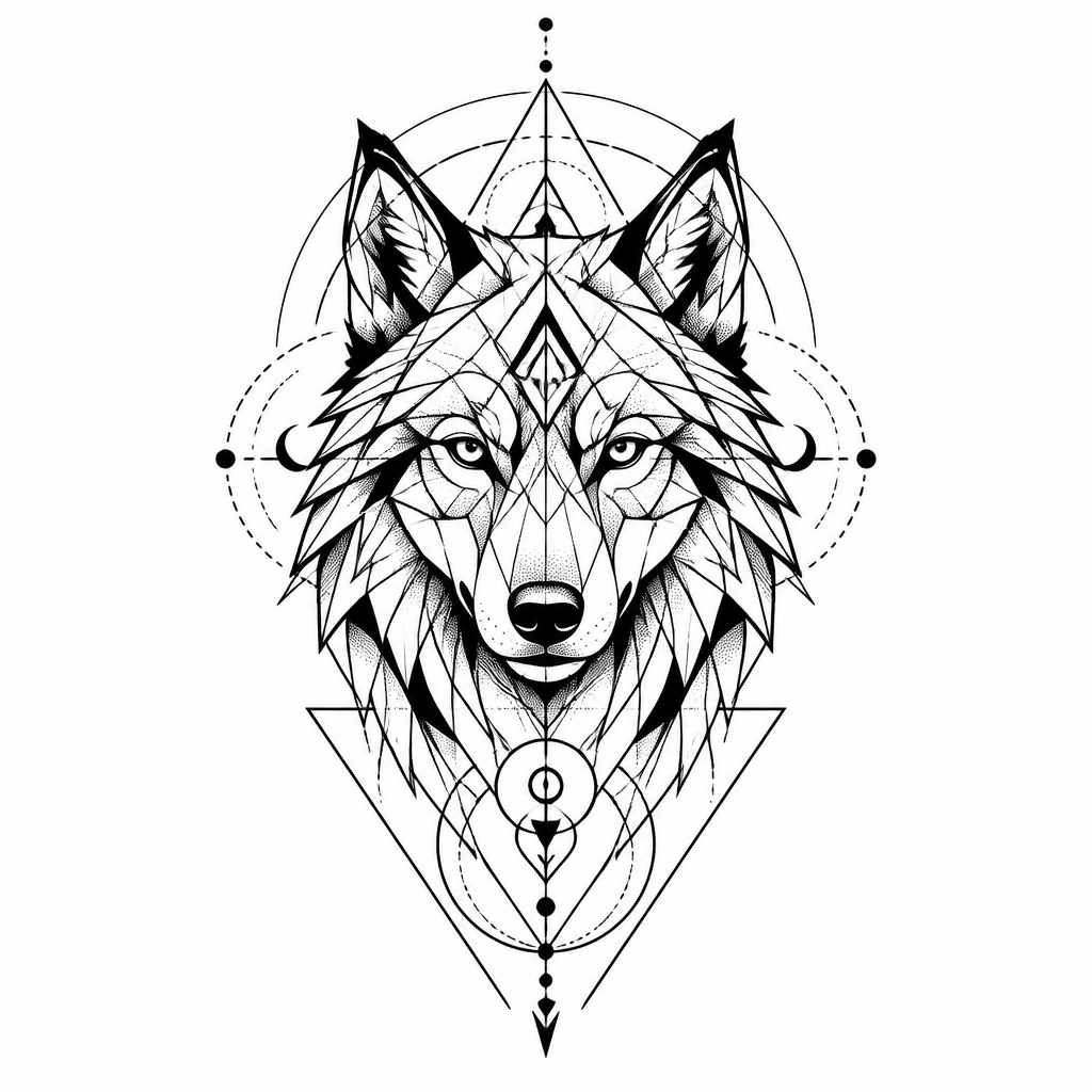 geometric tattoo of a geometric wolf with sacred geometry patterns