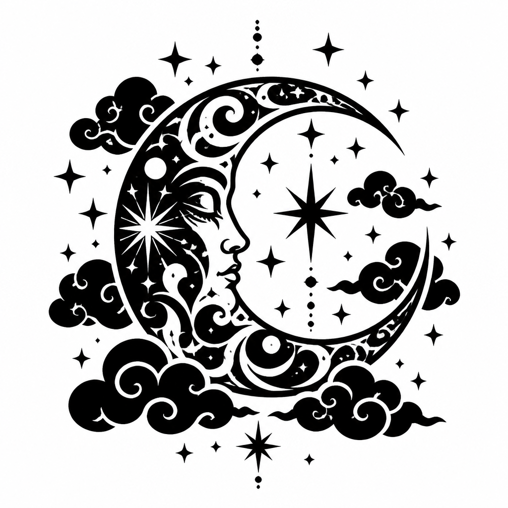 Blackwork tattoo of a crescent moon with celestial stars and clouds