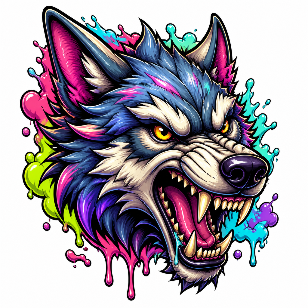 New School style tattoo design of a snarling wolf head with intricate fur detail, black-ink stencil on white background