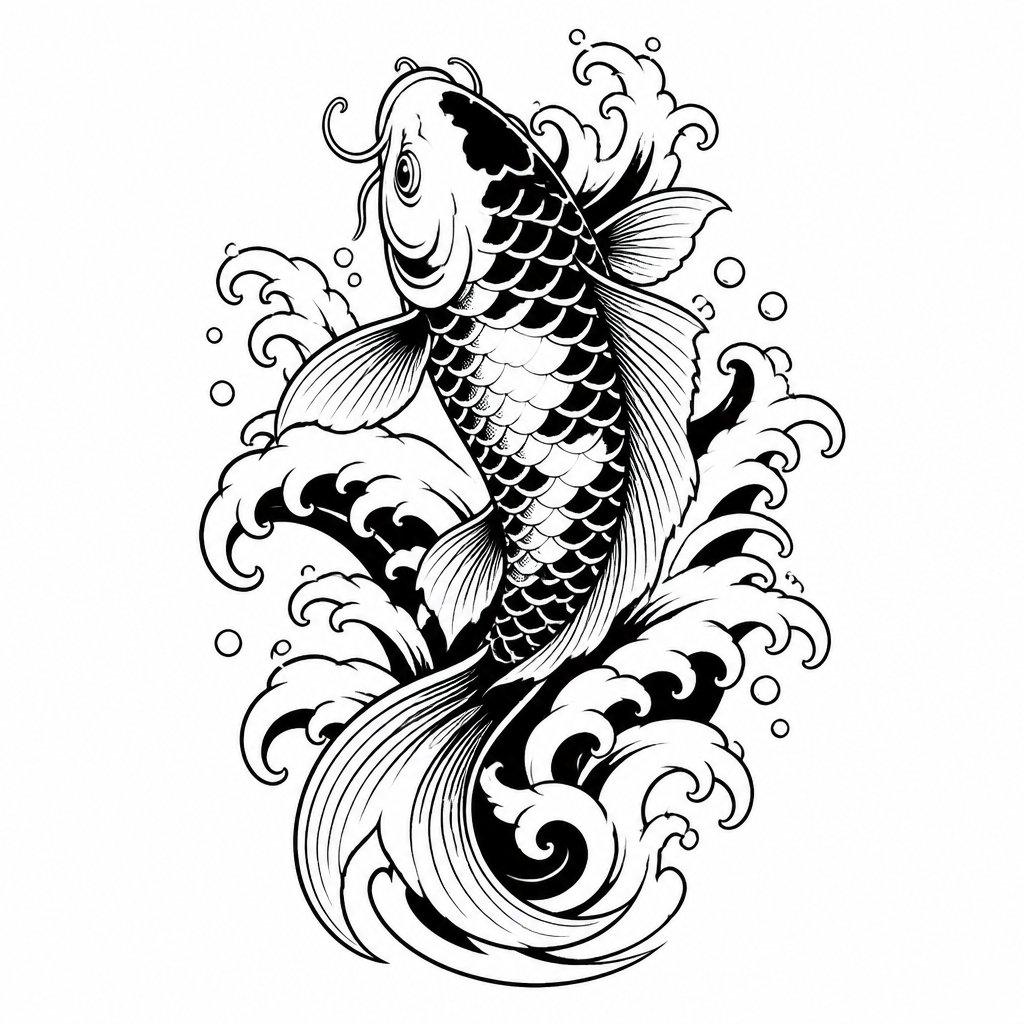 Irezumi waves tattoo — a Japanese koi fish swimming upstream with waves