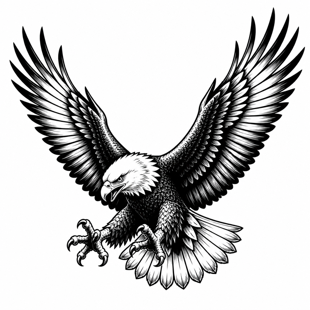 American traditional with tattoo — a soaring eagle with spread wings and sharp talons