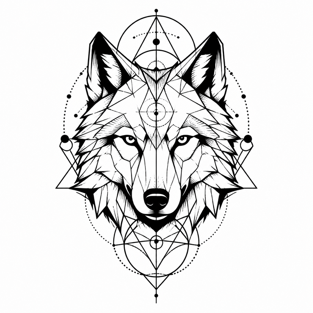 geometric tattoo of a geometric wolf with sacred geometry patterns