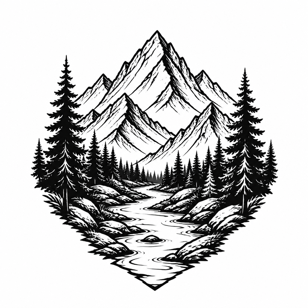 Fine line with tattoo — a mountain range with pine trees and a river