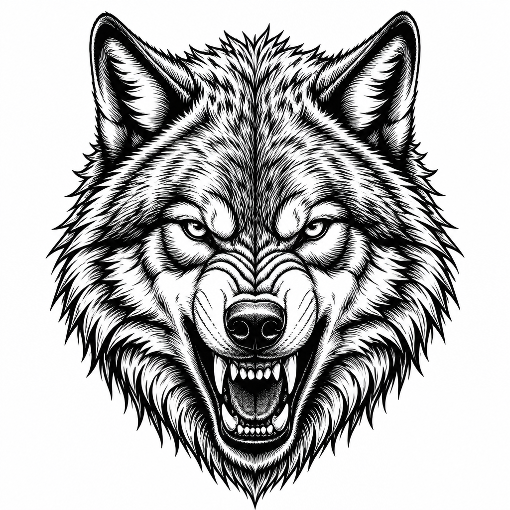 Neo-traditional head tattoo — a snarling wolf head with intricate fur detail