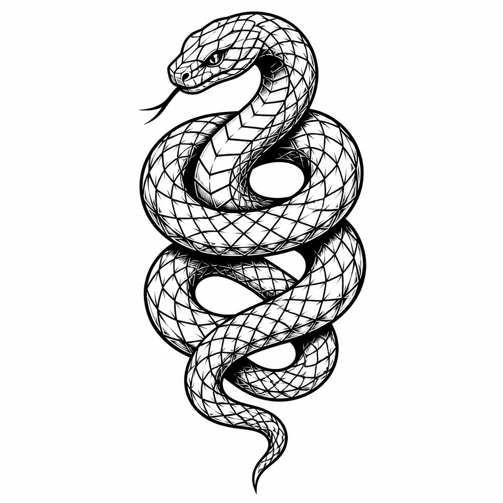 Blackwork with tattoo — a coiled serpent with geometric scales
