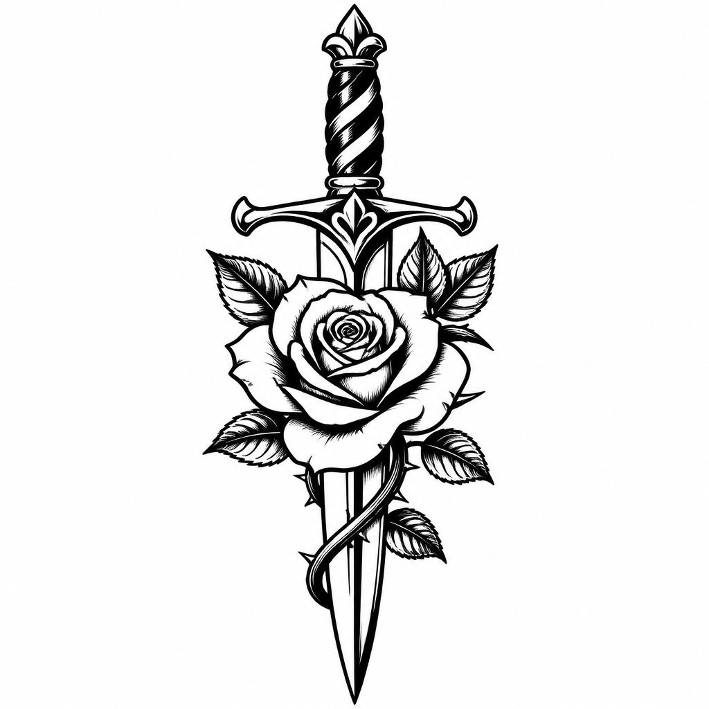 Traditional rose tattoo — a blooming rose wrapped around a dagger