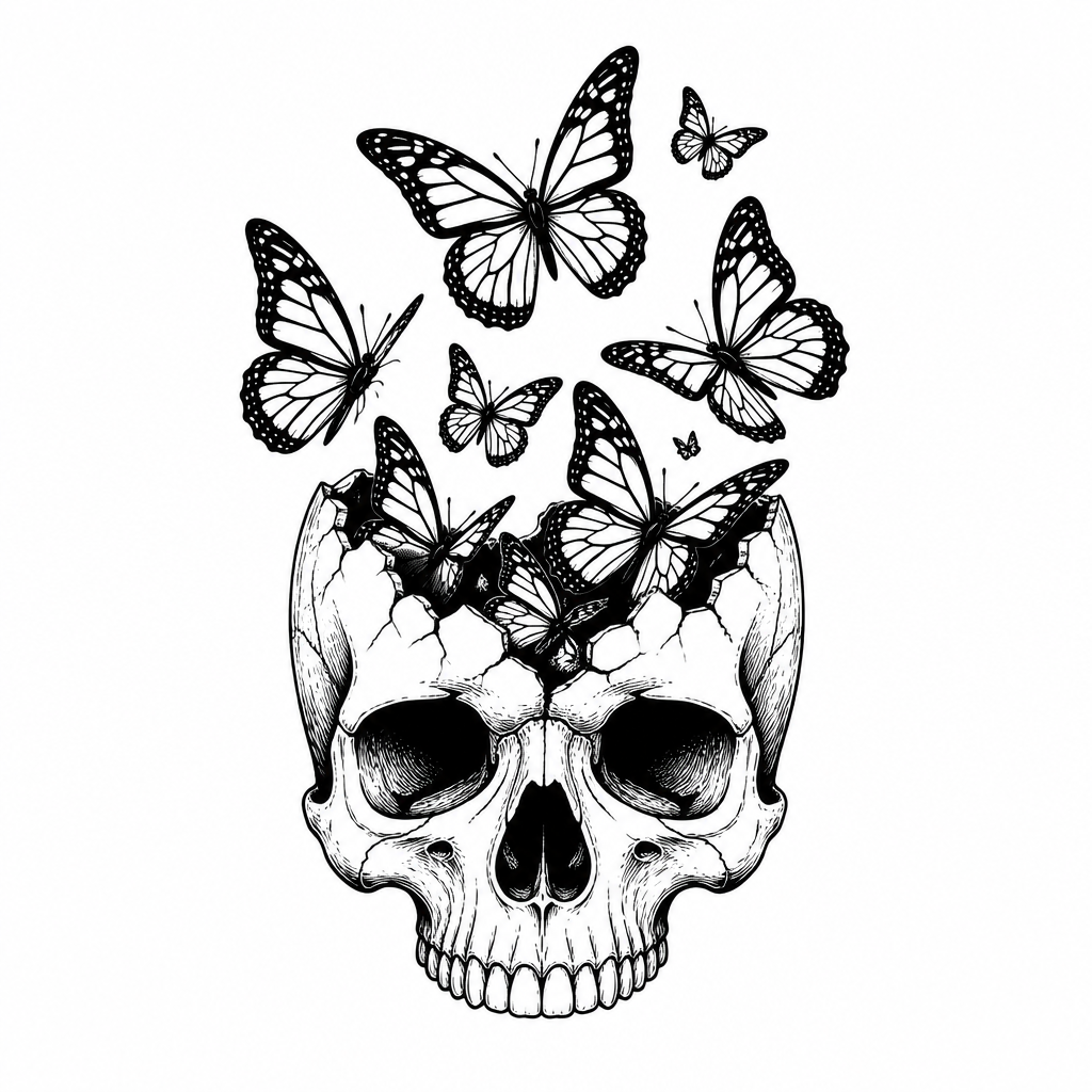 Surreal with tattoo — a skull with butterflies emerging from it