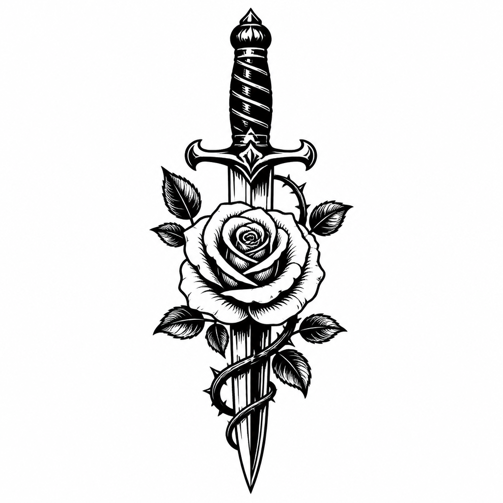 Traditional rose tattoo — a blooming rose wrapped around a dagger
