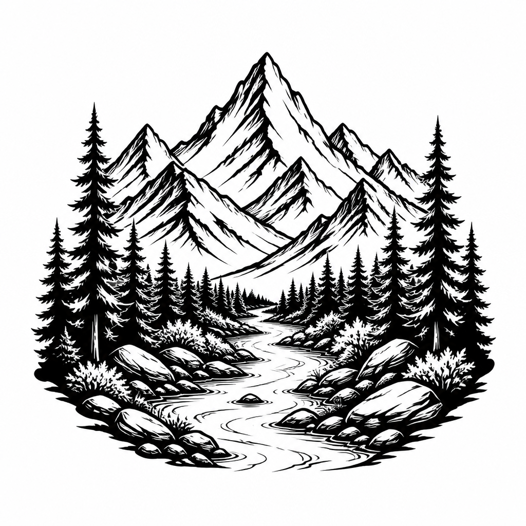 Fine line with tattoo — a mountain range with pine trees and a river
