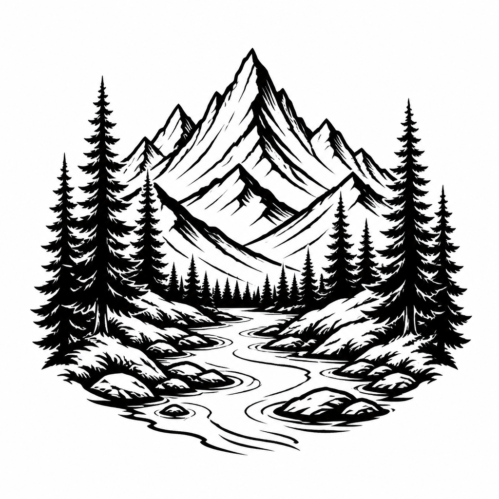 Fine line with tattoo — a mountain range with pine trees and a river