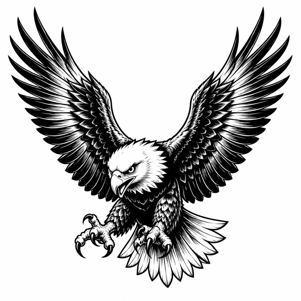 American traditional with tattoo — a soaring eagle with spread wings and sharp talons