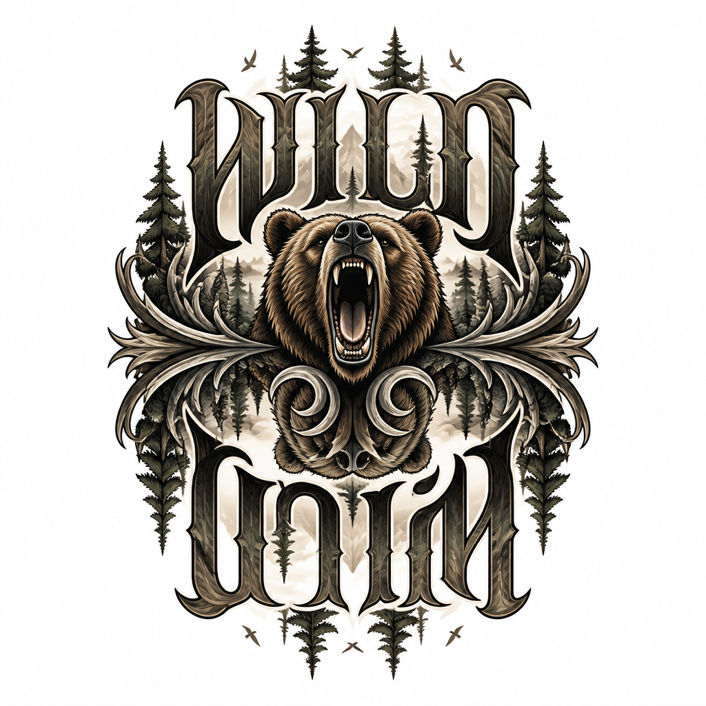 Ambigram tattoo of a bear roaring in a forest scene