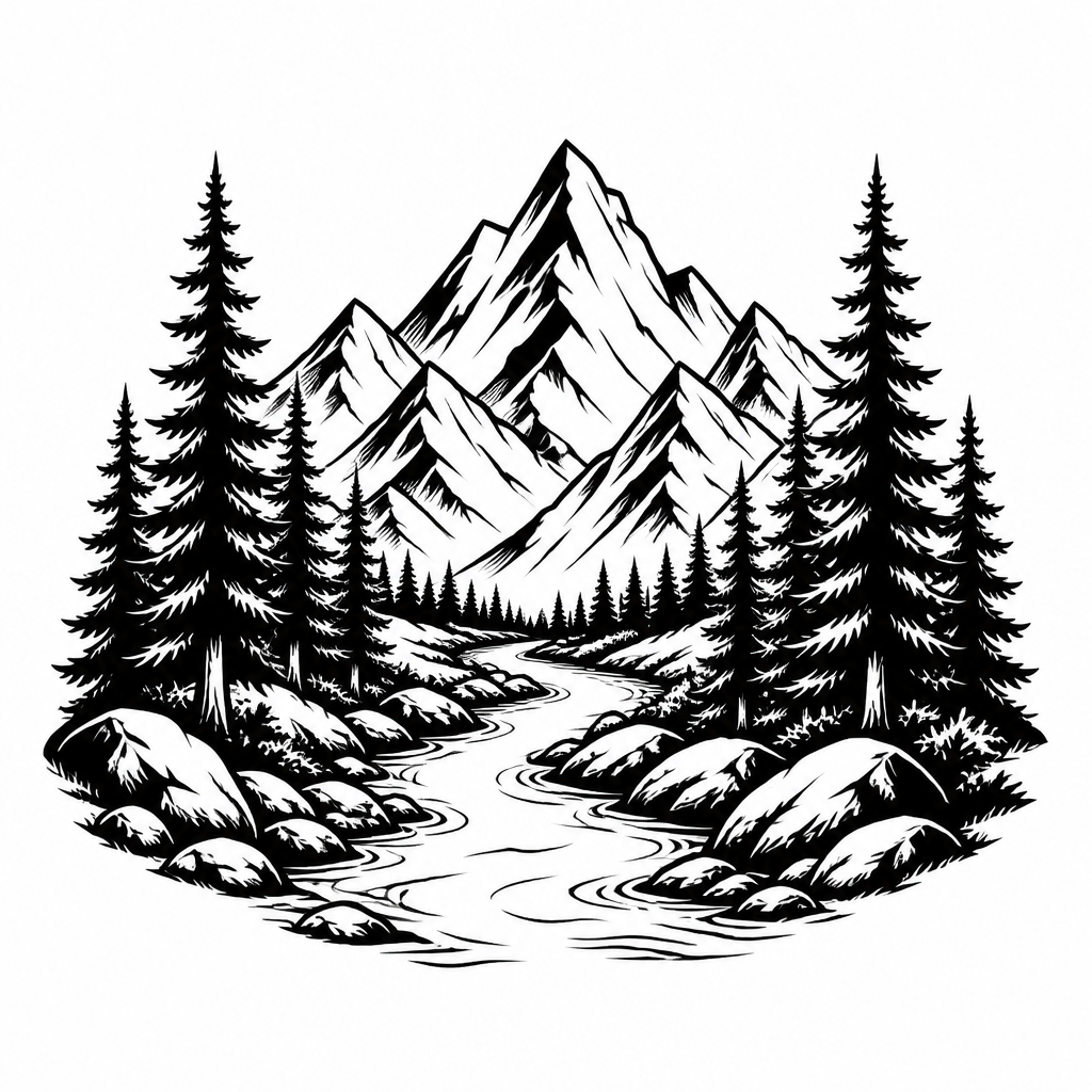 Fine line with tattoo — a mountain range with pine trees and a river
