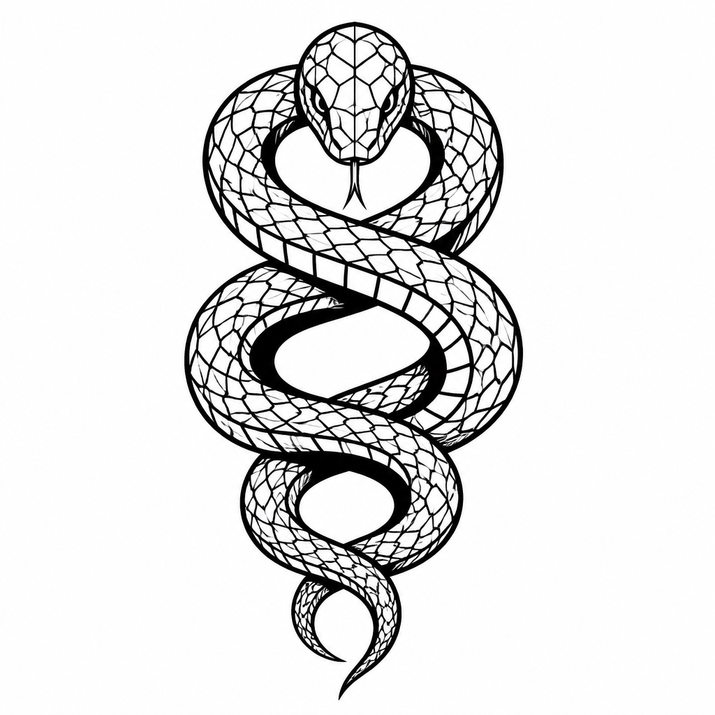 Blackwork with tattoo — a coiled serpent with geometric scales