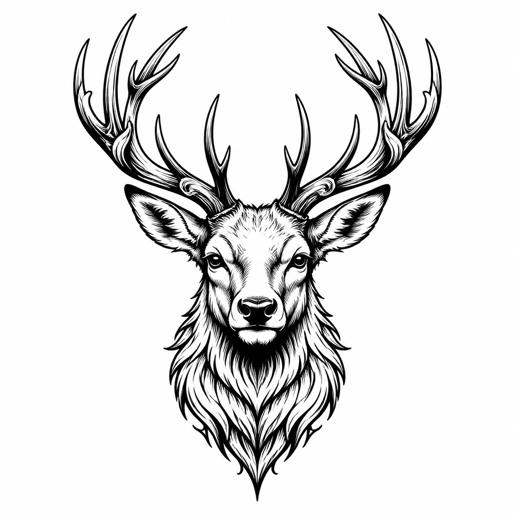 Blackwork with tattoo — a stag with an ornate rack of antlers