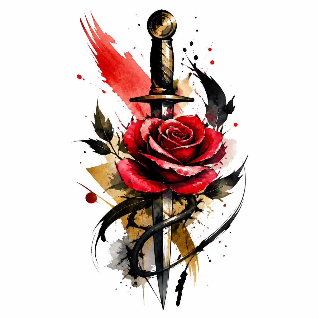 Abstract tattoo of a blooming rose wrapped around a dagger