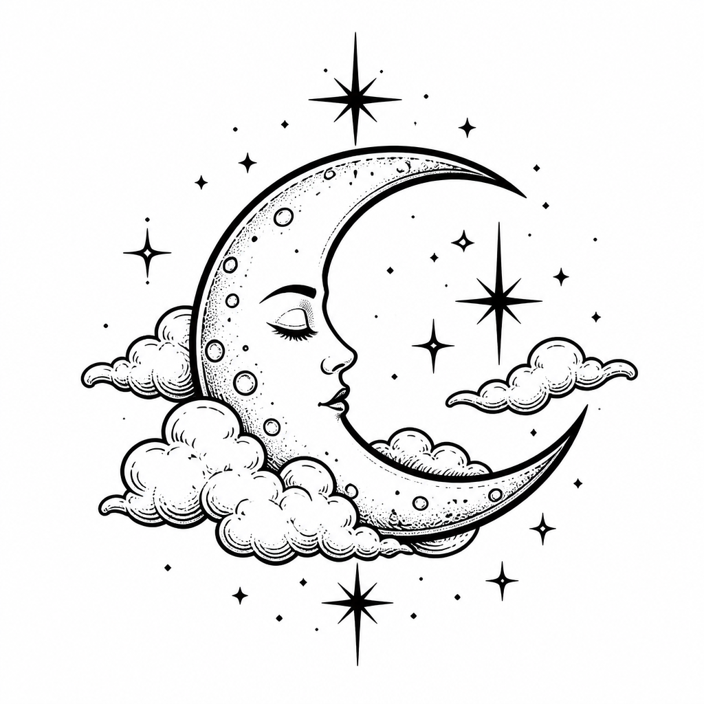 Fine line with tattoo — a crescent moon with celestial stars and clouds