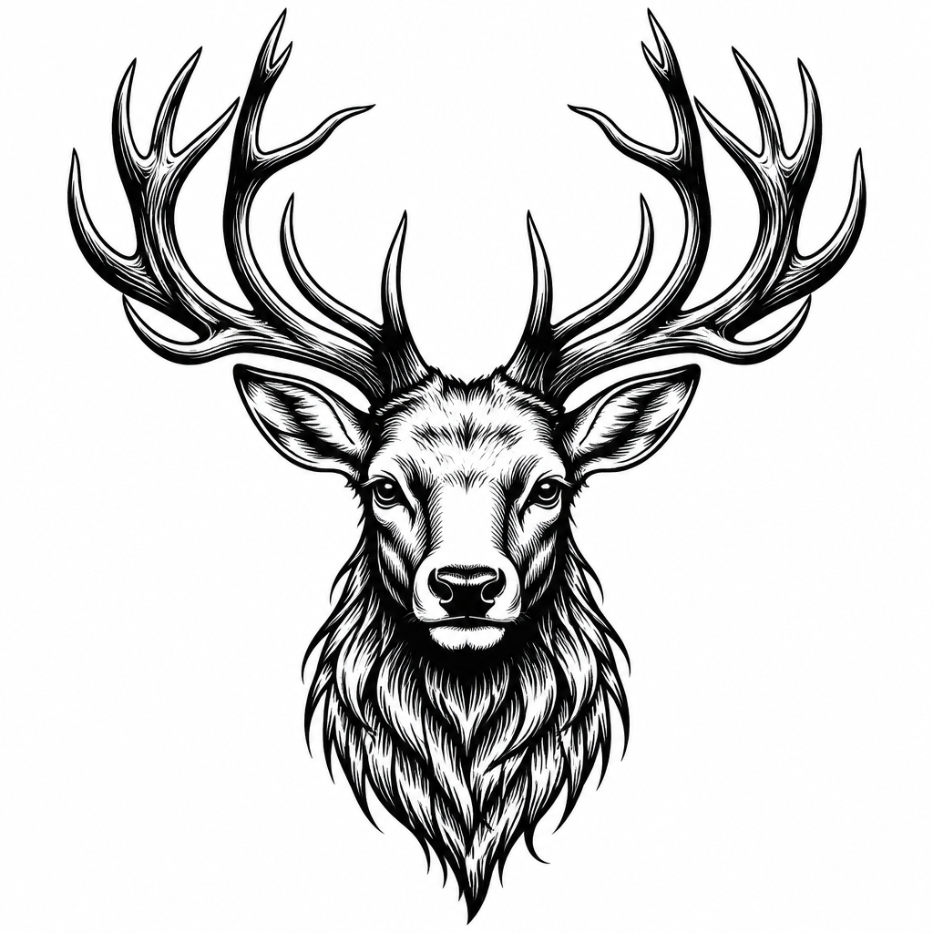 Blackwork with tattoo — a stag with an ornate rack of antlers