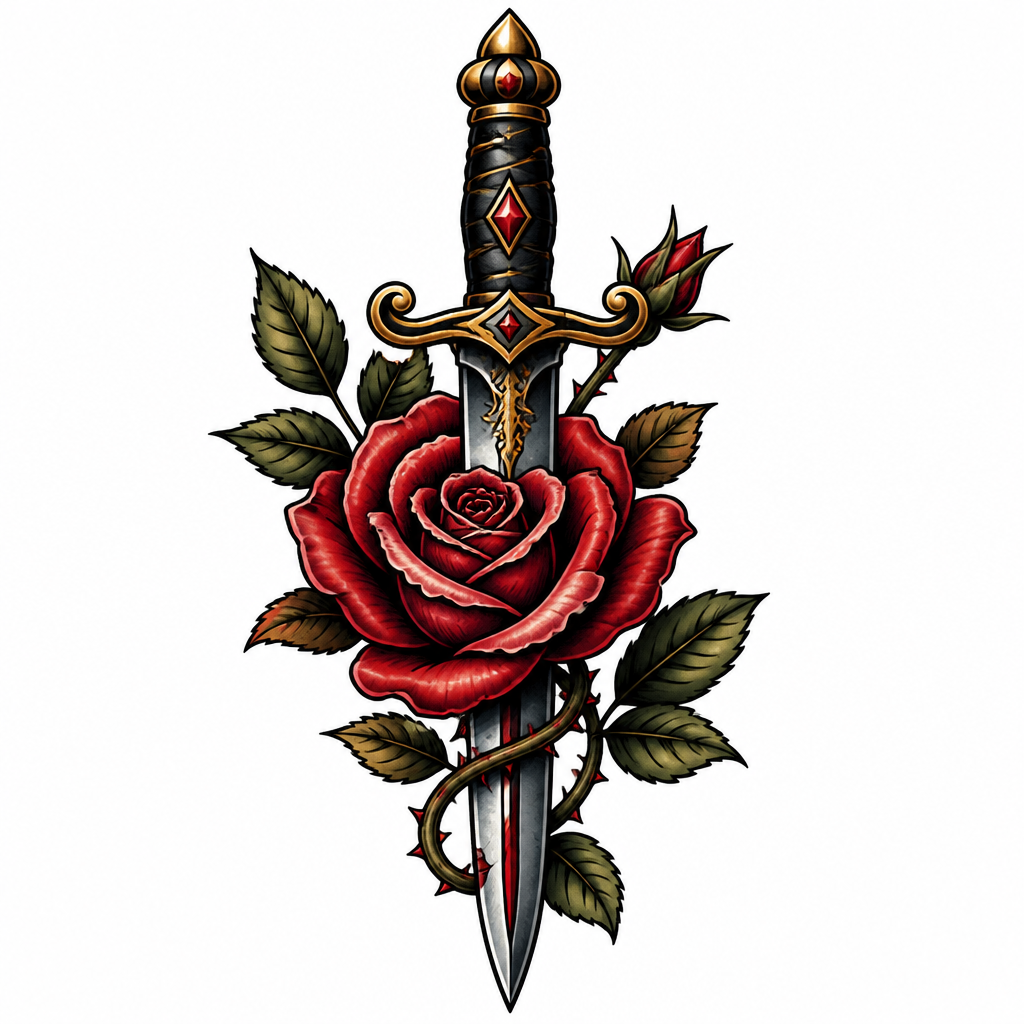 Lettering tattoo of a blooming rose wrapped around a dagger