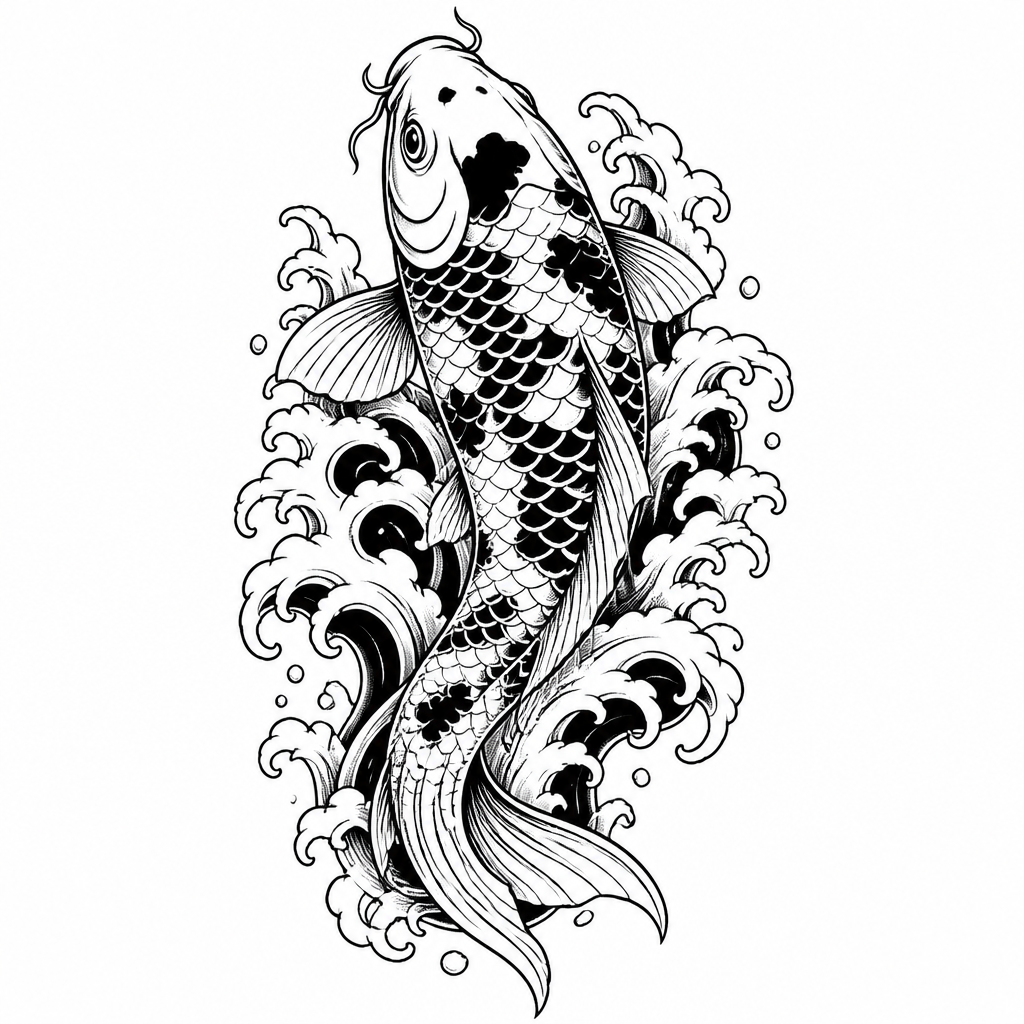 Irezumi wave tattoo — a Japanese koi fish swimming upstream with waves