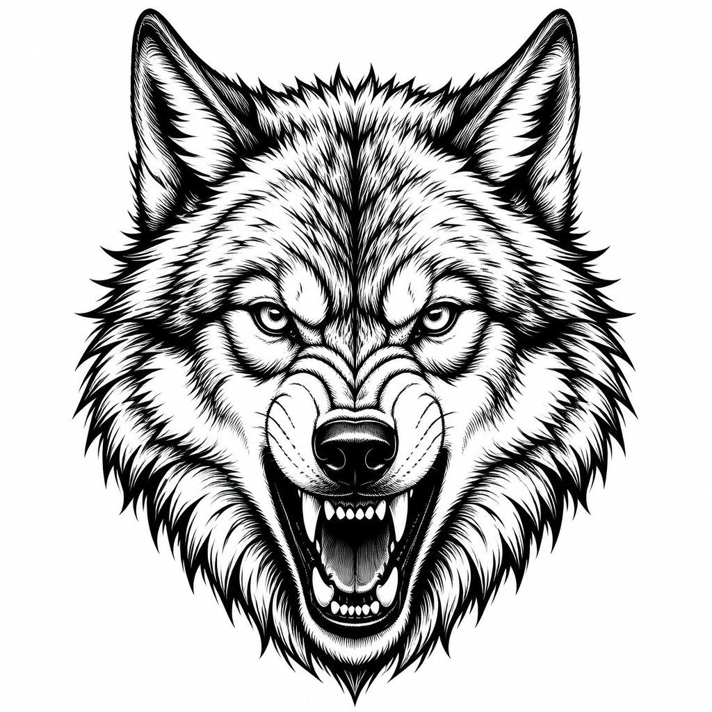 Neo-traditional head tattoo — a snarling wolf head with intricate fur detail