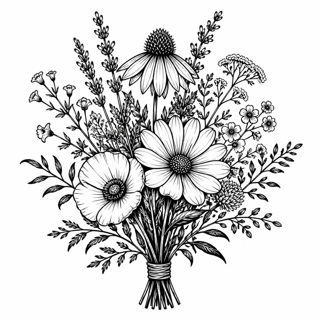 Fine line with tattoo — a bouquet of wildflowers with delicate leaves