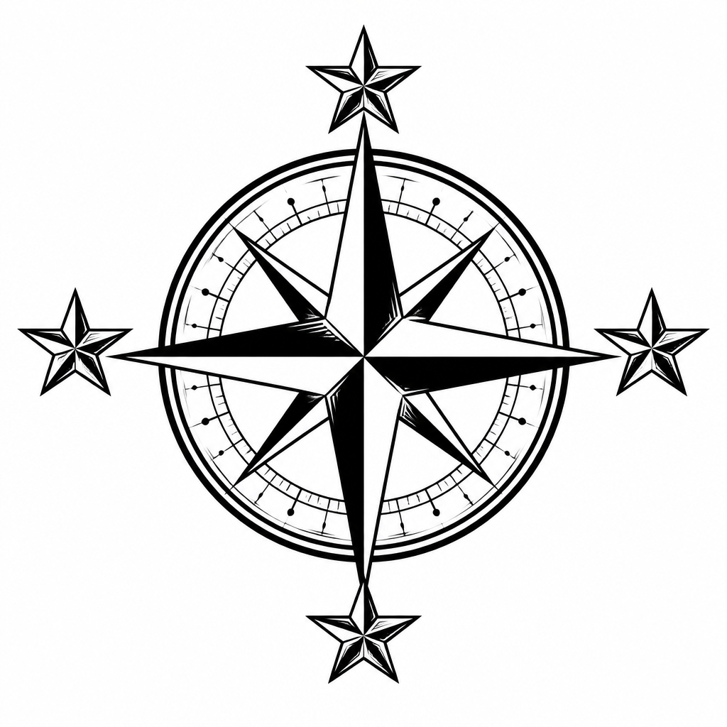 Traditional rose tattoo — a compass rose with nautical stars