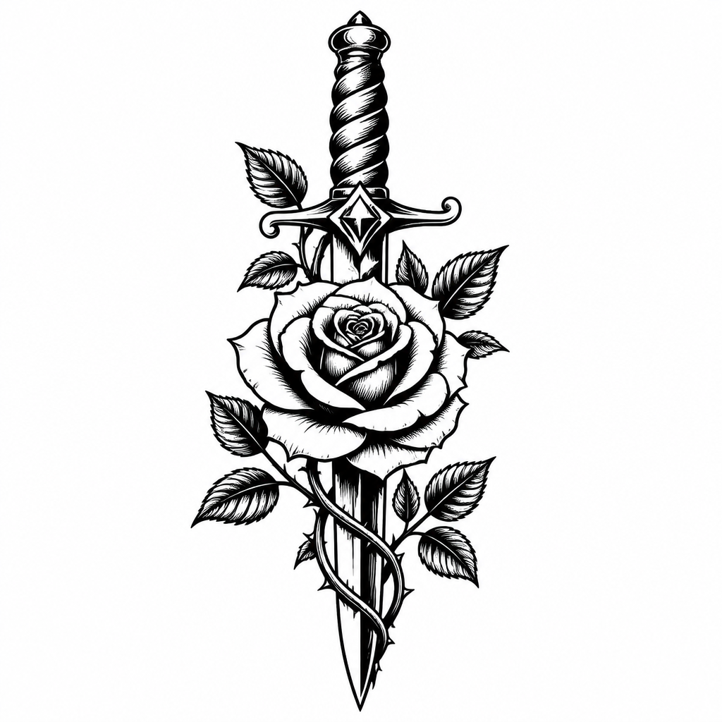 Traditional rose tattoo — a blooming rose wrapped around a dagger