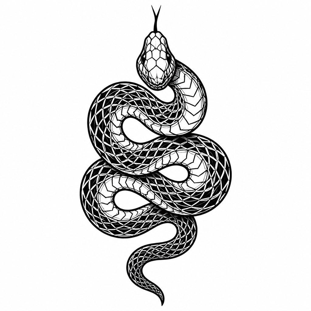 Blackwork with tattoo — a coiled serpent with geometric scales