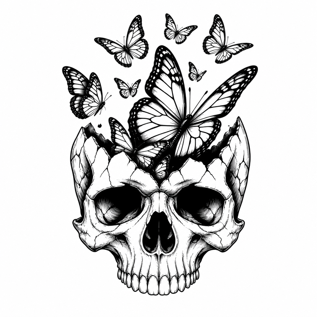 Surreal from tattoo — a skull with butterflies emerging from it