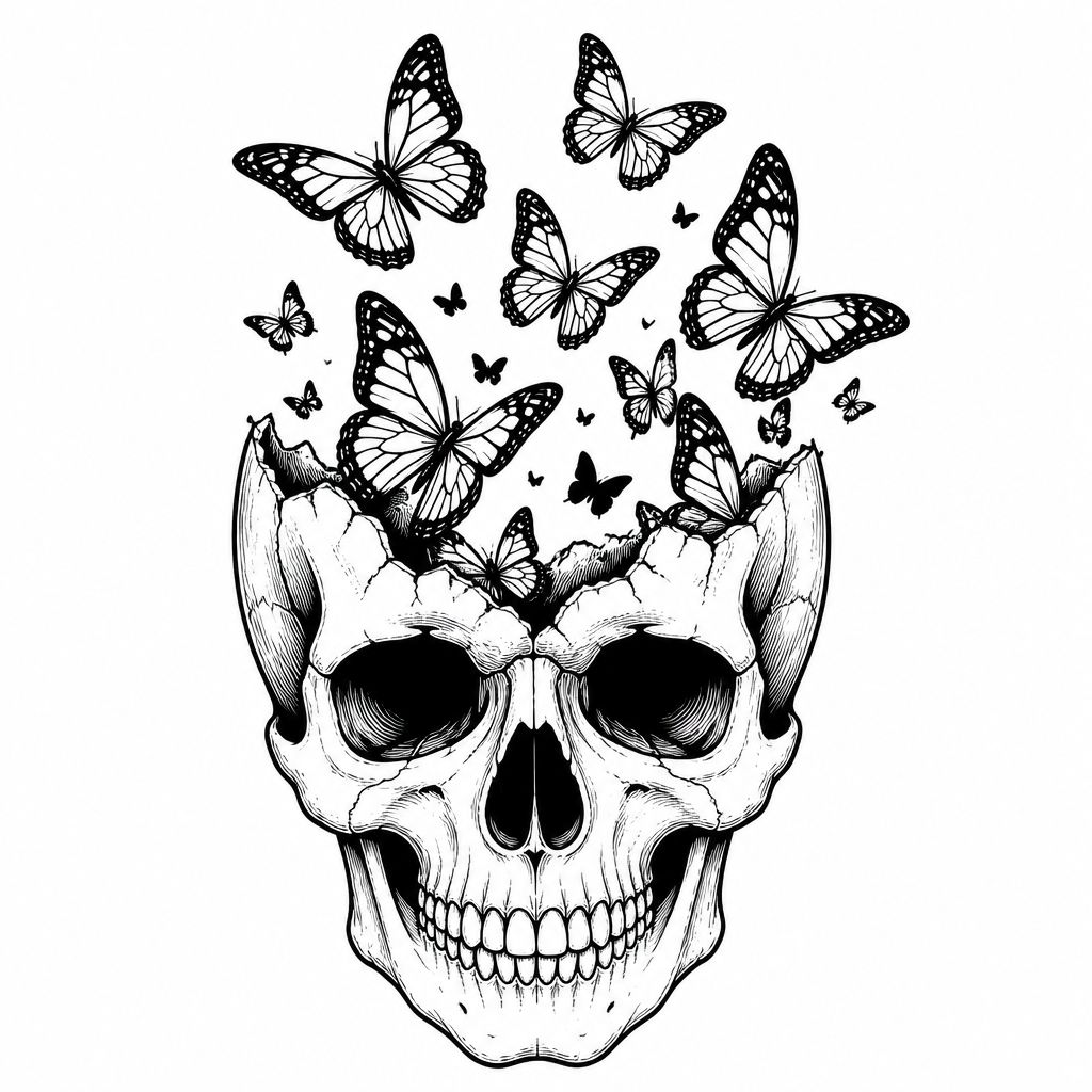 Surreal from tattoo — a skull with butterflies emerging from it