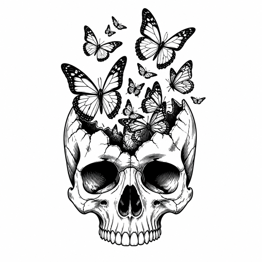Surreal with tattoo — a skull with butterflies emerging from it