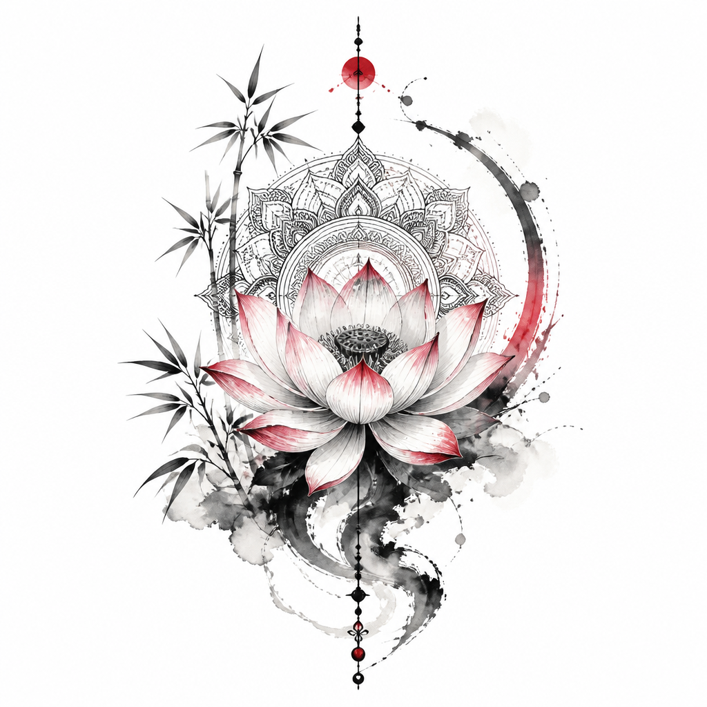 Oriental / Asian Fusion tattoo of a lotus flower with mandala patterns
