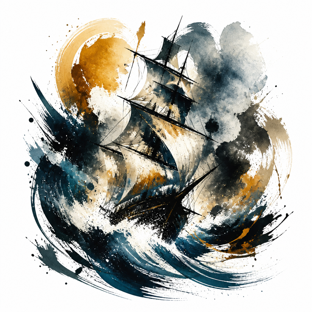 Abstract tattoo of a sailing ship on stormy seas