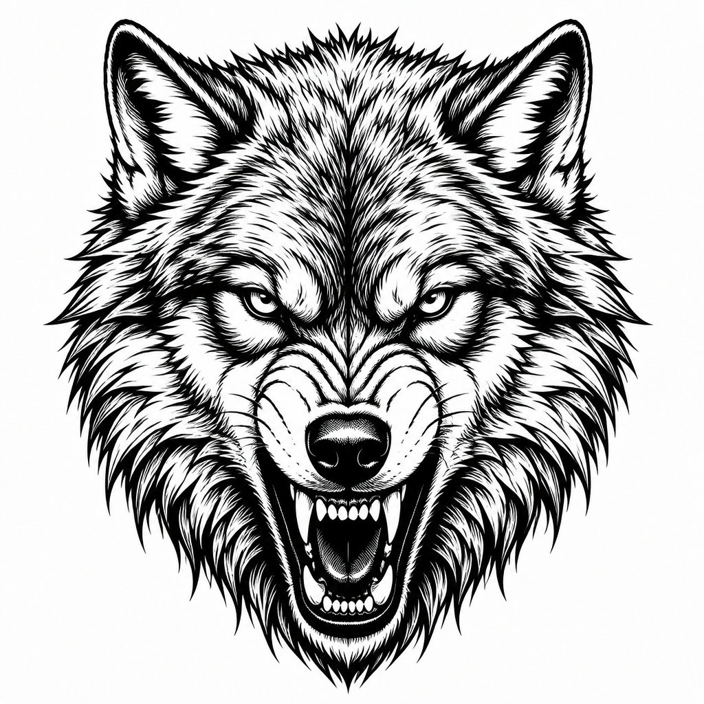 Neo-traditional head tattoo — a snarling wolf head with intricate fur detail
