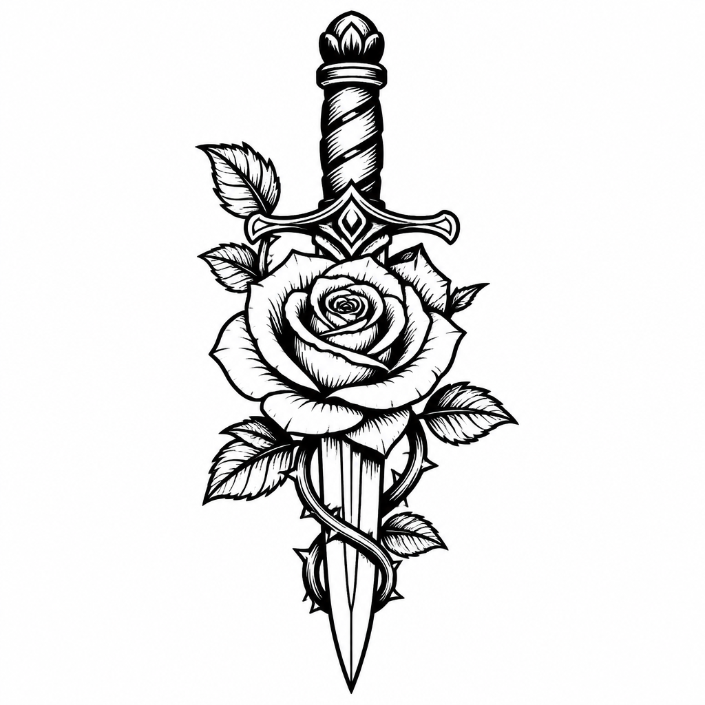 Traditional rose tattoo — a blooming rose wrapped around a dagger